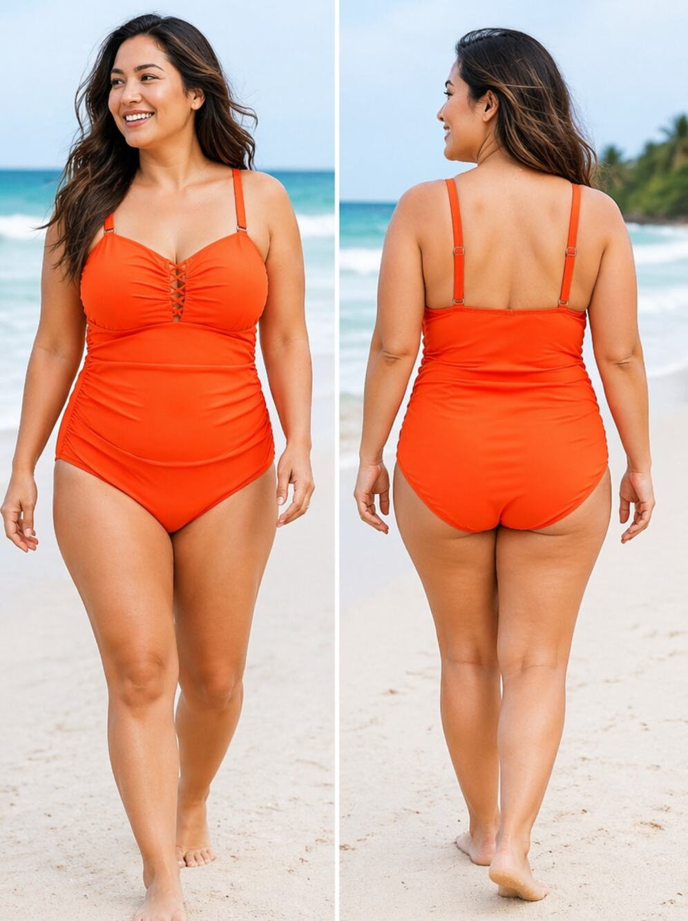 Yonique Orange One Piece Swimsuit 20W Tummy Control Ruched - NEW